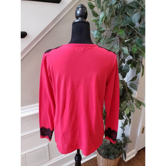 Women's IZOD Red Lace Shoulder Long Sleeve Top with Black Lace Detail Size M - Picture 7 of 11